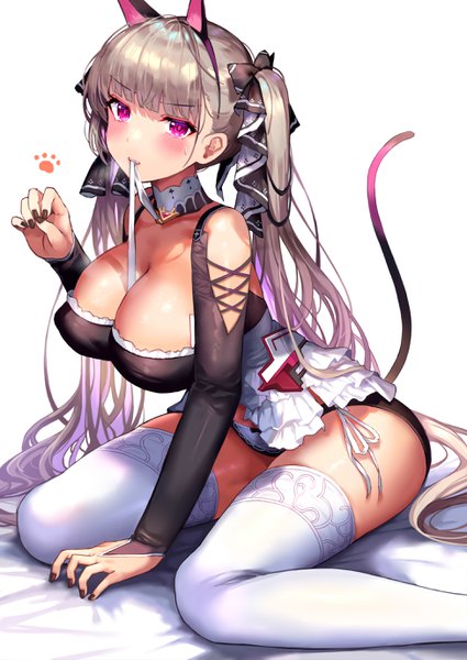 Anime picture 1951x2755 with azur lane formidable (azur lane) denchu (kazudentyu) single long hair tall image looking at viewer blush highres breasts light erotic simple background large breasts white background sitting twintails bare shoulders holding animal ears tail