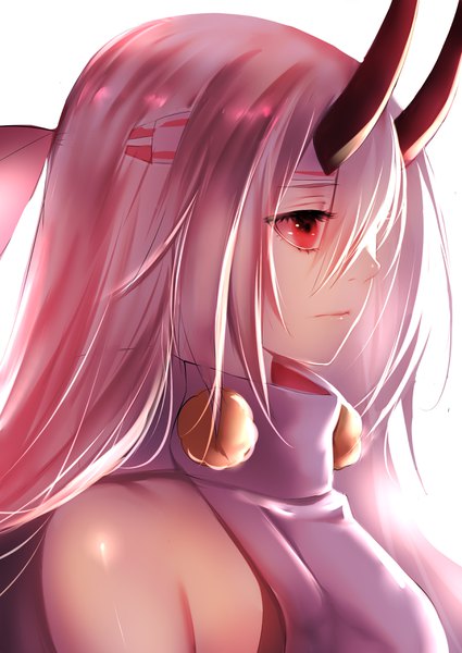 Anime-Bild 2507x3541 mit fate (series) fate/grand order tomoe gozen (fate) rahato single long hair tall image fringe highres breasts simple background hair between eyes red eyes white background bare shoulders looking away silver hair upper body profile horn (horns)