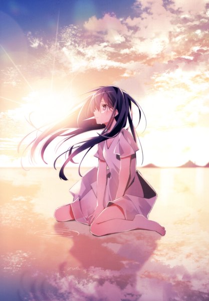Anime picture 3208x4619 with original oshio (dayo) single long hair tall image fringe highres black hair hair between eyes sitting purple eyes looking away absurdres sky cloud (clouds) full body parted lips profile barefoot wind