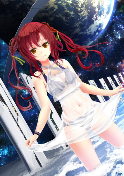 Anime picture 990x1400 with original kouji (astral reverie) single long hair tall image looking at viewer fringe light erotic hair between eyes twintails bare shoulders brown eyes cloud (clouds) red hair braid (braids) light smile dutch angle twin braids covered navel space