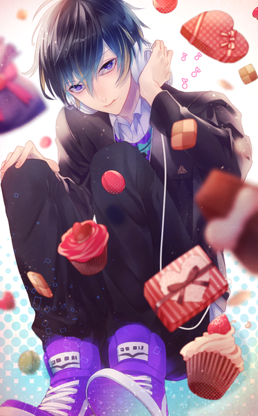 Anime picture 1200x1930 with a3! usui masumi nipponia nippon single tall image looking at viewer fringe short hair black hair hair between eyes purple eyes valentine hand on headphones checkerboard cookie boy food sweets headphones gift gift box