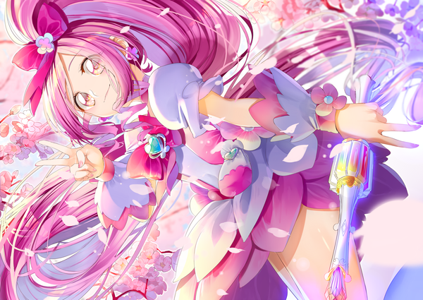 Anime picture 3541x2507 with precure heartcatch precure! toei animation hanasaki tsubomi cure blossom yuutarou (fukiiincho) single looking at viewer highres pink hair absurdres ponytail very long hair pink eyes puffy sleeves cherry blossoms victory magical girl girl dress