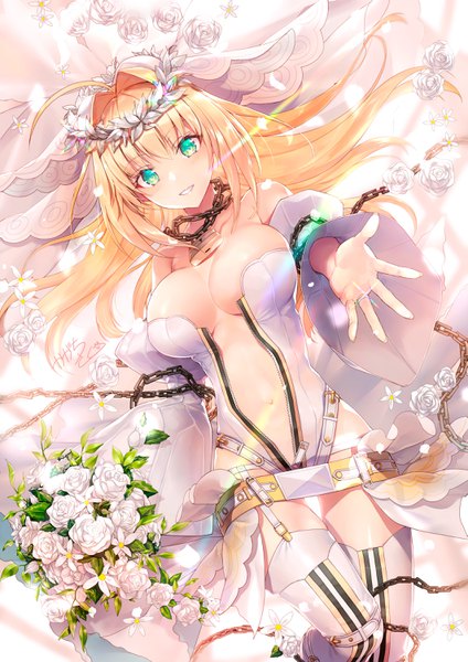 Anime picture 2121x3000 with fate (series) fate/extra fate/extra ccc nero claudius (fate) nero claudius (bride) (fate) kagachi saku single long hair tall image looking at viewer blush fringe highres breasts light erotic blonde hair smile hair between eyes large breasts standing