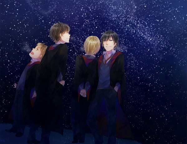 Anime picture 1037x800 with harry potter sirius black james potter remus lupin peter pettigrew i(a+s+k) short hair open mouth blonde hair brown hair green eyes from behind night night sky looking up group hand in pocket boy uniform glasses