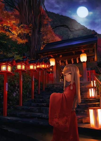 Anime picture 1500x2100 with original hotateyuki single long hair tall image looking at viewer fringe blonde hair blunt bangs long sleeves traditional clothes japanese clothes horn (horns) night wide sleeves orange eyes night sky demon girl oni horns girl