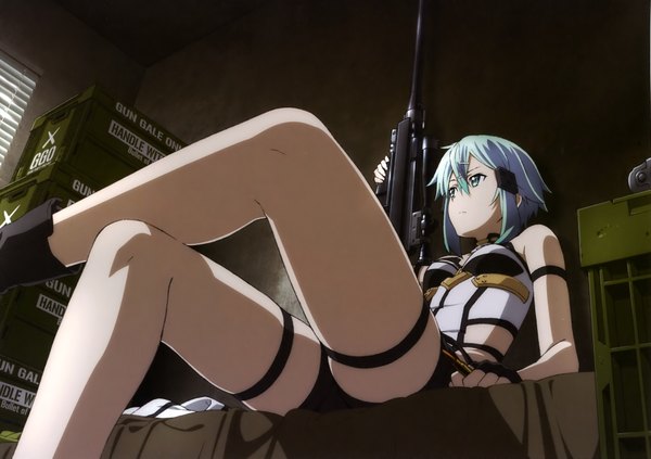 Anime picture 3797x2678 with sword art online a-1 pictures asada shino takata akira single highres short hair blue eyes light erotic sitting blue hair absurdres scan official art bare legs girl weapon shorts gun short shorts