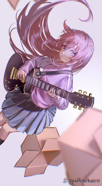 Anime picture 2596x4729 with bocchi the rock! cloverworks gotou hitori cocona w single long hair tall image looking at viewer highres blue eyes simple background pink hair pleated skirt one side up playing instrument girl skirt musical instrument guitar box
