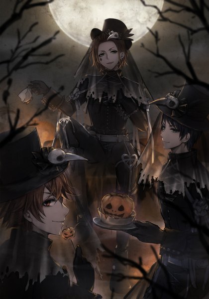 Anime picture 1200x1714 with twisted wonderland deuce spade ace trappola cater diamond yamaneko514 tall image short hair black hair smile red eyes brown hair holding outdoors profile night multiple boys halloween boy gloves black gloves