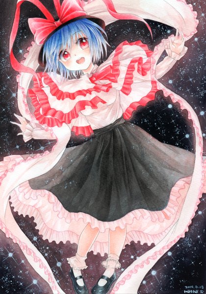 Anime picture 1051x1500 with touhou nagae iku mosho single tall image blush short hair open mouth red eyes signed blue hair looking away spread arms traditional media watercolor (medium) girl hat socks white socks shawl