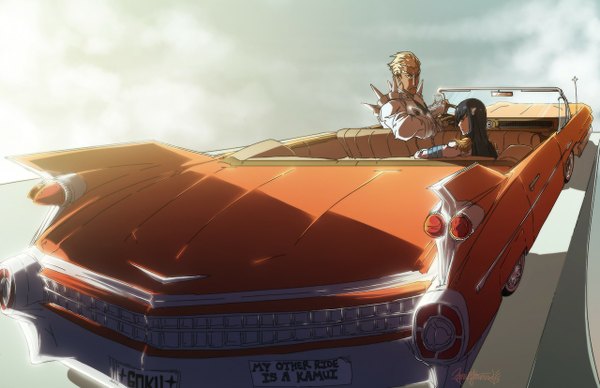 Anime picture 1280x828 with kill la kill studio trigger kiryuuin satsuki gamagoori ira long hair short hair black hair blonde hair sitting looking back sunlight official art shadow driving girl boy uniform ground vehicle car spikes