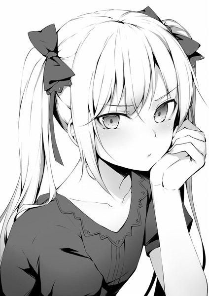 Anime picture 1061x1500 with original alexmaster single long hair tall image looking at viewer blush fringe simple background white background twintails payot upper body short sleeves monochrome head rest girl bow hair bow blouse