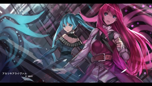 Anime picture 1587x907 with vocaloid hatsune miku megurine luka swd3e2 long hair looking at viewer open mouth blue eyes wide image twintails multiple girls pink hair aqua eyes aqua hair girl dress 2 girls belt