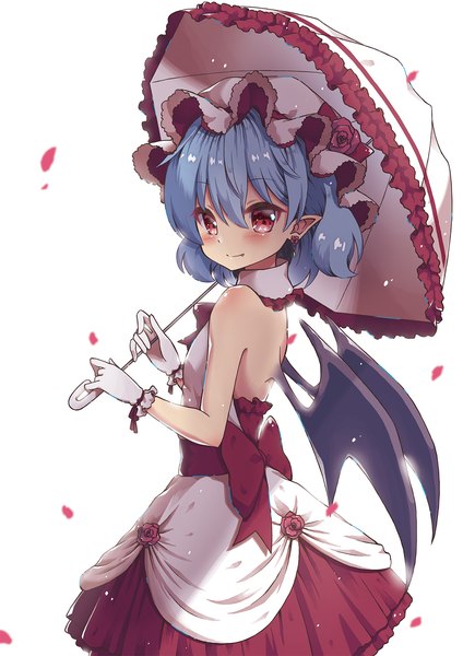 Anime-Bild 1240x1754 mit touhou remilia scarlet beni kurage single tall image looking at viewer blush fringe short hair simple background smile hair between eyes red eyes white background blue hair pointy ears from behind fang (fangs) back bare back