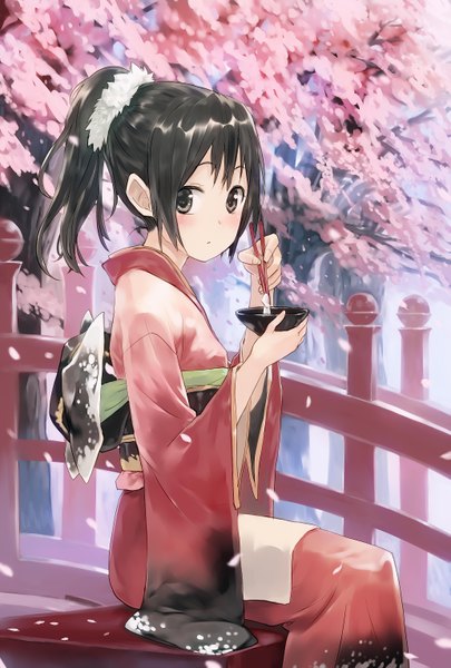 Anime picture 2065x3058 with original bob (biyonbiyon) single long hair tall image looking at viewer blush highres black hair sitting wide sleeves grey eyes cherry blossoms girl bow weapon plant (plants) petals sword tree (trees)