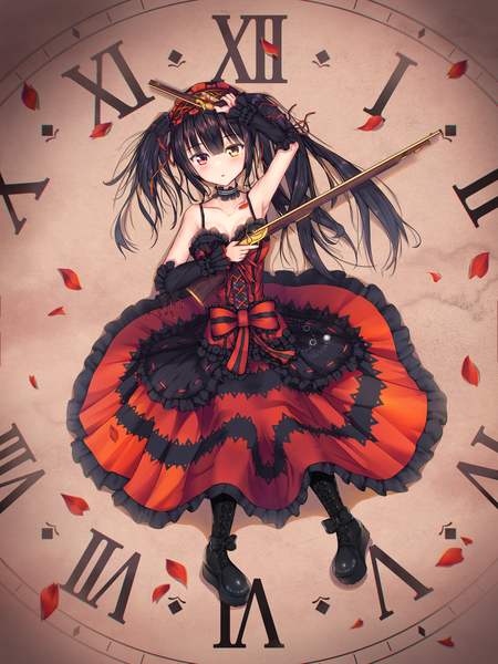 Anime picture 2958x3944 with date a live tokisaki kurumi hakushoku n single long hair tall image looking at viewer fringe highres open mouth black hair red eyes twintails bare shoulders holding yellow eyes full body lying from above armpit (armpits)
