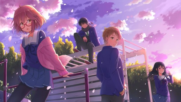 Anime picture 1366x768 with kyoukai no kanata kyoto animation kuriyama mirai kanbara akihito nase mitsuki nase hiroomi terras long hair blush short hair open mouth black hair brown hair wide image multiple girls brown eyes sky cloud (clouds) multiple boys girl