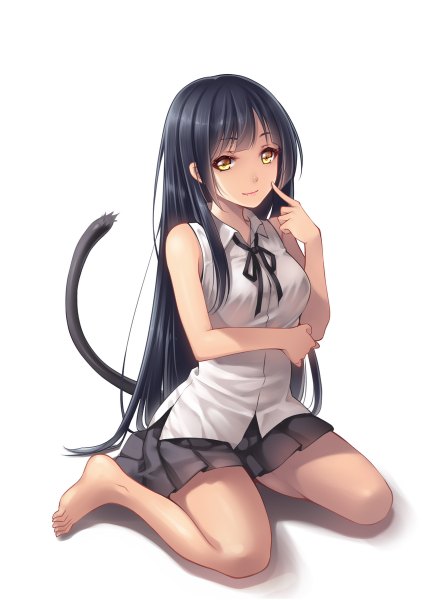 Anime picture 848x1200 with original tidsean single long hair tall image black hair simple background white background yellow eyes tail animal tail barefoot cat tail legs girl skirt shirt