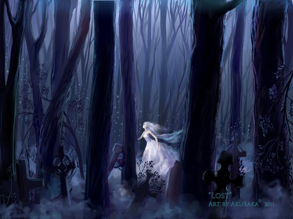 Anime picture 1067x800 with original akubaka single long hair bare shoulders white hair inscription night fog girl dress plant (plants) tree (trees) white dress cross fireflies cemetery
