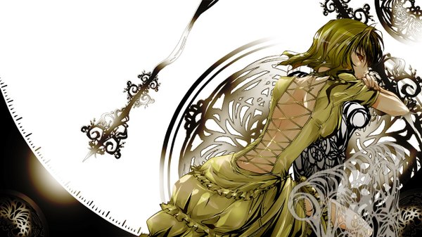 Anime picture 1280x720 with vocaloid kagamine rin single fringe short hair breasts blonde hair red eyes wide image lying from behind alternate costume back alternate hairstyle girl dress clock