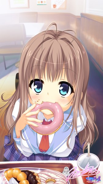 Аниме картинка 1440x2560 с оригинальное изображение hozumi kaoru один (одна) длинные волосы высокое изображение смотрит на зрителя голубые глаза каштановые волосы ахоге ест :3 еда на лице девушка форма школьная форма еда пончик