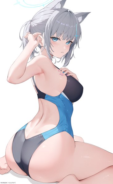 Anime picture 2143x3500 with blue archive shiroko (blue archive) shiroko (swimsuit) (blue archive) rosumerii single tall image looking at viewer blush fringe highres short hair breasts blue eyes light erotic simple background white background sitting animal ears payot ass