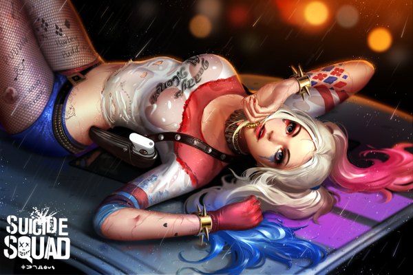 Anime picture 6000x4000 with batman suicide squad dc comics harley queen liang xing single long hair looking at viewer highres breasts blue eyes light erotic blonde hair signed blue hair pink hair absurdres bent knee (knees) lying nail polish