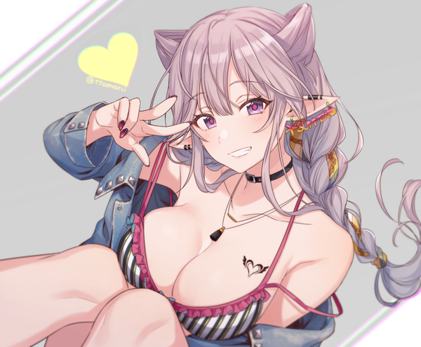 Anime picture 1000x825 with original tomari (veryberry00) single long hair looking at viewer blush fringe breasts light erotic simple background smile hair between eyes large breasts purple eyes signed cleavage silver hair braid (braids) nail polish fingernails