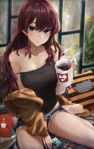 Anime picture 2595x4096 with idolmaster idolmaster cinderella girls idolmaster cinderella girls starlight stage ichinose shiki envysoi single long hair tall image looking at viewer blush fringe highres breasts blue eyes hair between eyes brown hair sitting bare shoulders holding cleavage