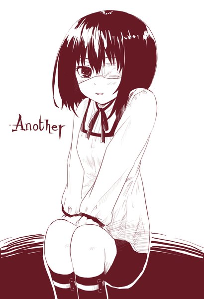 Anime picture 1500x2192 with another p.a. works misaki mei single tall image blush short hair simple background smile white background inscription copyright name monochrome girl eyepatch
