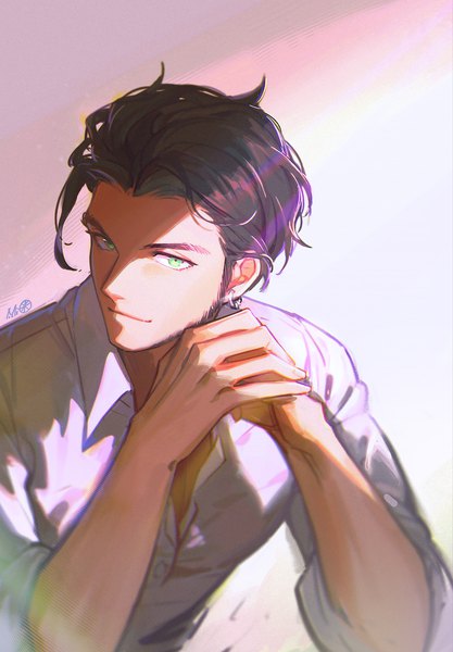 Anime picture 1389x2000 with fire emblem fire emblem: three houses nintendo claude von riegan alzi xiaomi single tall image looking at viewer short hair simple background smile brown hair green eyes signed upper body shaded face hands clasped boy earrings shirt