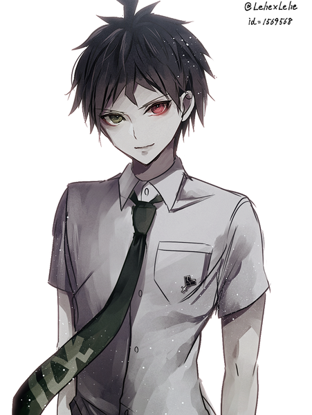 Anime picture 707x940 with dangan ronpa super dangan ronpa 2 hinata hajime z-epto (chat-noir86) single tall image looking at viewer fringe short hair black hair simple background red eyes white background green eyes signed upper body ahoge light smile heterochromia boy