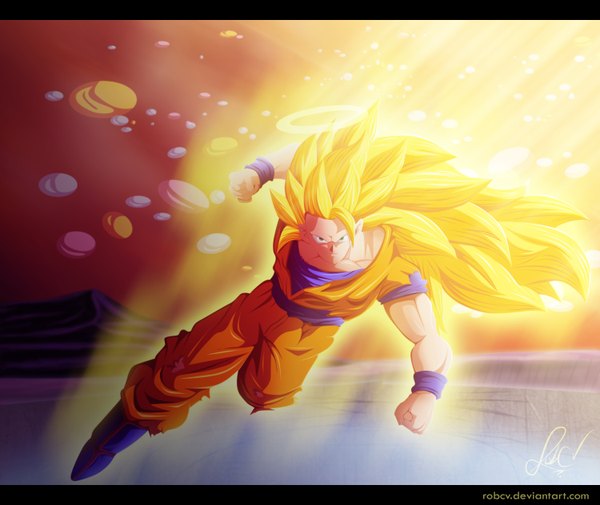 Anime picture 3000x2528 with dragon ball dragon ball z son goku robcv single long hair highres blonde hair green eyes sky sleeveless coloring magic light mountain muscle angry boy wristlet fist
