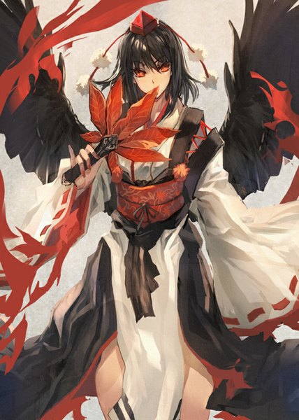 Anime picture 571x800 with touhou shameimaru aya makai no juumin single tall image looking at viewer fringe short hair black hair red eyes holding nail polish traditional clothes japanese clothes fingernails wide sleeves alternate costume official alternate costume black wings kourindou tengu costume