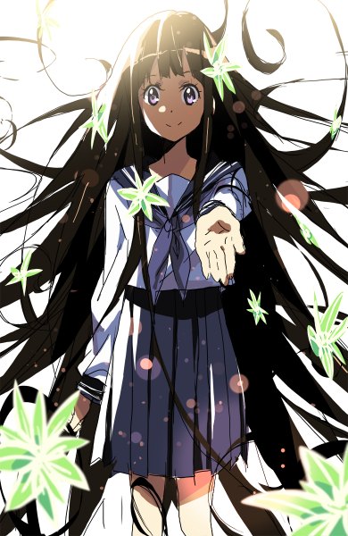 Anime picture 780x1200 with hyouka kyoto animation chitanda eru tom skender single tall image looking at viewer fringe black hair smile standing purple eyes very long hair pleated skirt hair flower sunlight outstretched arm girl skirt uniform