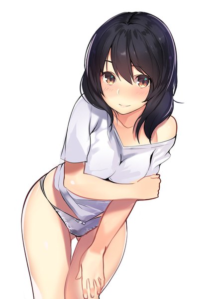 Anime picture 1276x1805 with original kagematsuri single tall image looking at viewer blush fringe short hair light erotic black hair simple background hair between eyes brown hair white background off shoulder leaning ass visible through thighs girl underwear panties