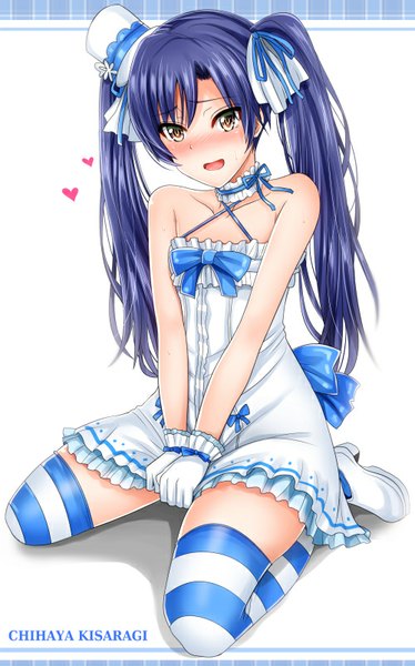 Anime picture 500x801 with idolmaster kisaragi chihaya inu (marukome) single long hair tall image looking at viewer blush fringe open mouth sitting twintails bare shoulders brown eyes blue hair bent knee (knees) shadow embarrassed zettai ryouiki sleeveless