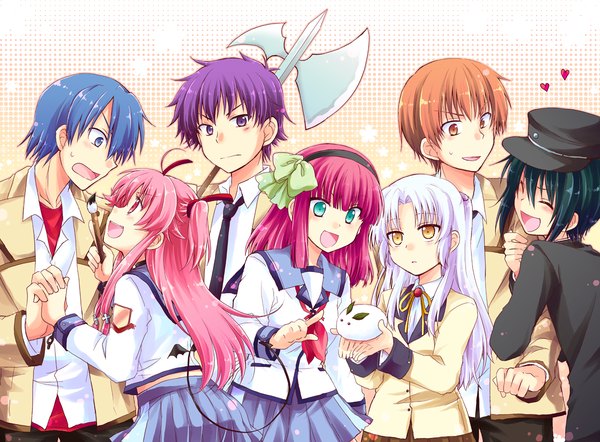 Anime picture 1200x884 with angel beats! key (studio) tachibana kanade nakamura yuri yui (angel beats!) otonashi yuzuru hinata hideki naoi ayato noda (angel beats!) open mouth blonde hair smile multiple girls pink hair purple hair two side up hug holding hands group girl