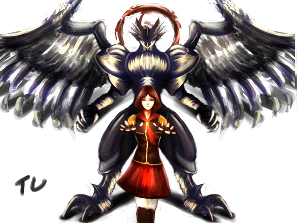 Anime picture 2880x2160 with original tlrose looking at viewer highres short hair simple background brown hair white background brown eyes inscription girl dress skirt gloves wings fingerless gloves monster