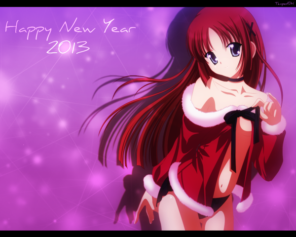 Anime picture 1280x1024 with da capo shirakawa kotori tempestdh single long hair blue eyes light erotic smile bare shoulders red hair inscription fur trim coloring happy new year girl hair ornament ribbon (ribbons) hairclip fur x hair ornament