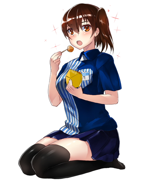 Anime picture 976x1197 with kantai collection lawson akagi aircraft carrier tadano magu single tall image looking at viewer blush fringe short hair open mouth simple background hair between eyes brown hair white background holding full body bent knee (knees) sparkle orange eyes