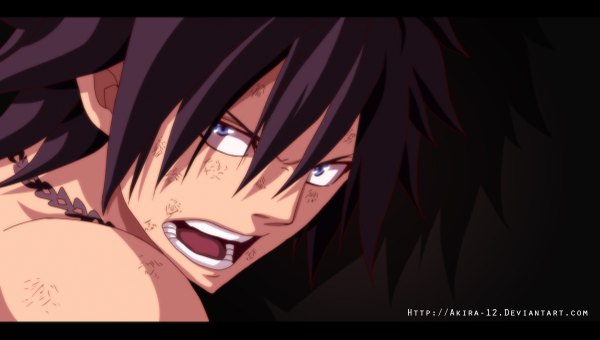 Anime picture 1200x681 with fairy tail gray fullbuster akira-12 single short hair open mouth blue eyes black hair wide image shadow coloring dark background close-up face angry boy