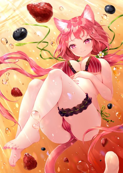 Anime picture 1467x2066 with original suke single long hair tall image looking at viewer blush fringe breasts light erotic smile twintails animal ears pink hair cleavage full body bent knee (knees) ass tail nail polish