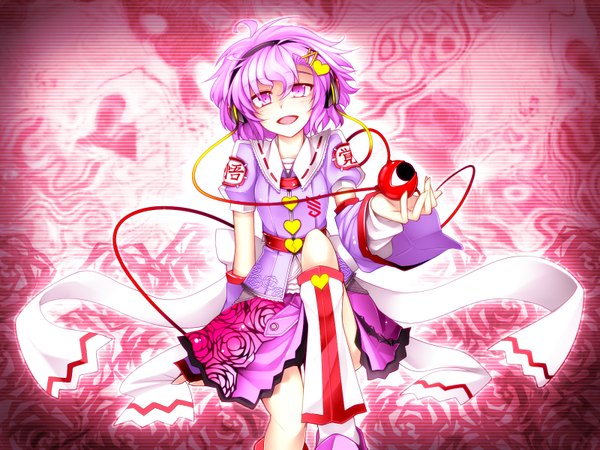 Anime picture 1600x1200 with touhou komeiji satori kazetto (kazetsuto) short hair open mouth pink hair pink eyes girl headphones rose (roses)