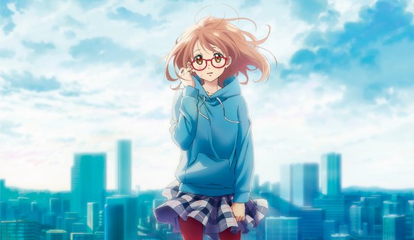 Anime picture 2432x1413 with kyoukai no kanata kyoto animation kuriyama mirai single long hair looking at viewer highres brown hair wide image yellow eyes outdoors long sleeves wind city plaid skirt cityscape plaid girl skirt pantyhose