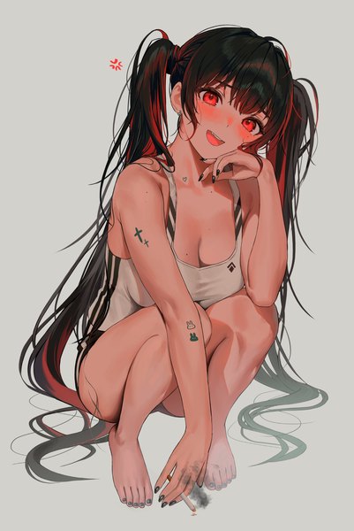 Anime picture 1918x2870 with original tokkihouse single tall image looking at viewer blush fringe highres breasts open mouth light erotic black hair simple background smile red eyes twintails bare shoulders cleavage full body blunt bangs