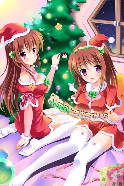 Anime picture 1200x1800 with original bashen chenyue long hair tall image looking at viewer blush short hair open mouth brown hair purple eyes multiple girls christmas merry christmas girl thighhighs 2 girls hat white thighhighs santa claus hat santa claus costume