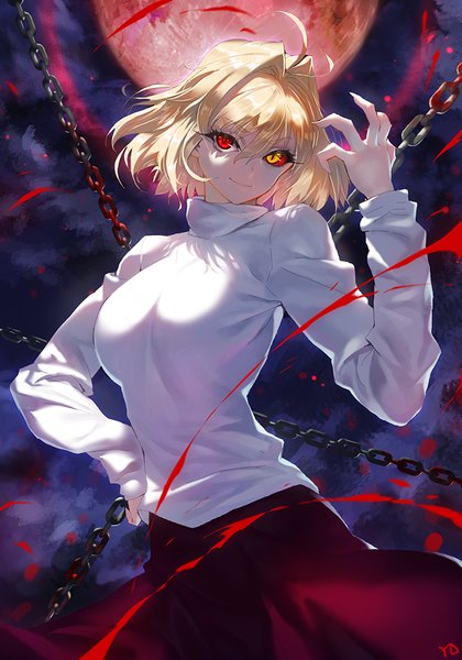 Anime picture 700x1000 with shingetsutan tsukihime type-moon arcueid brunestud yd (orange maru) single tall image looking at viewer short hair blonde hair smile red eyes cloud (clouds) fingernails night hand on hip girl skirt moon blood chain