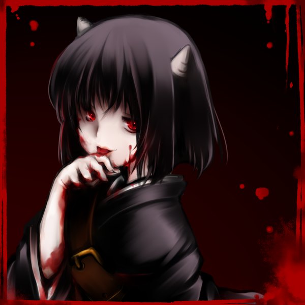 Anime picture 1350x1350 with gintama sunrise (studio) gedomaru aoi mitsuru looking at viewer short hair black hair red eyes horn (horns) oni horns girl blood