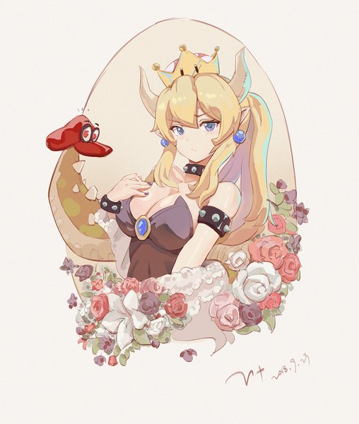 Anime picture 1500x1772 with super mario bros. new super mario bros. u deluxe super mario odyssey bowsette blackcat enjia single long hair tall image fringe breasts blue eyes light erotic blonde hair hair between eyes large breasts cleavage upper body ponytail tail horn (horns)