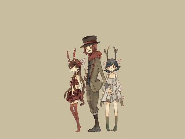 Anime picture 1024x768 with c: the money of soul and possibility control mashu (c) q (control) masakaki (c) long hair short hair simple background red eyes brown hair bare shoulders multiple girls brown eyes hair flower horn (horns) pointy ears grey background girl dress boy hair ornament